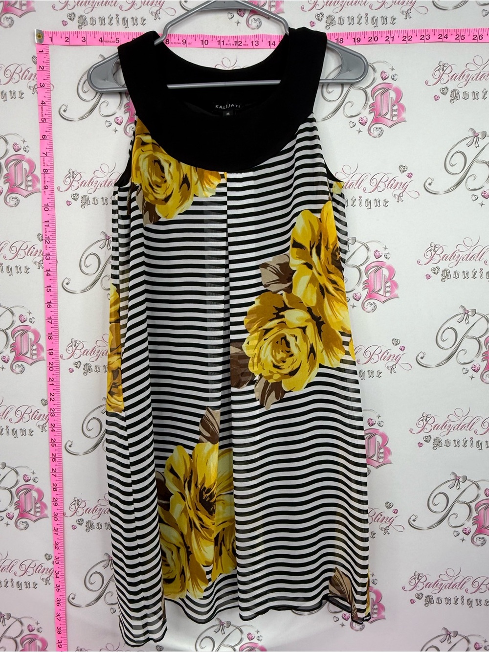 KALIJATI dress Black & White Striped Midi Dress with Yellow Floral Print